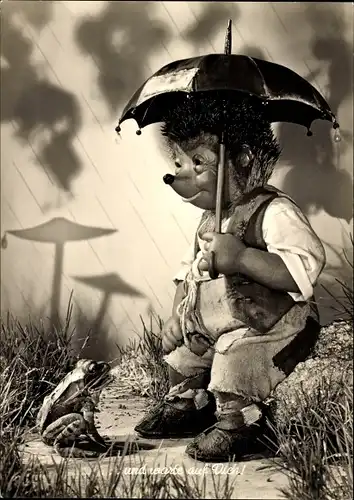 Ak Mecki der Igel, Und warte auf dich, Regen, Frosch, Regenschirm