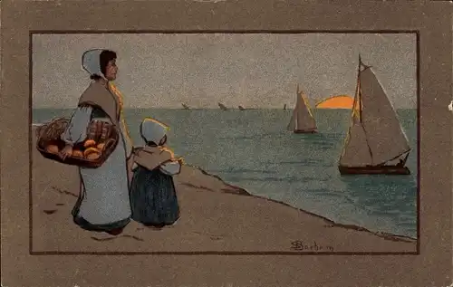 Künstler Ak Mutter mit Tochter am Strand, Segelboote