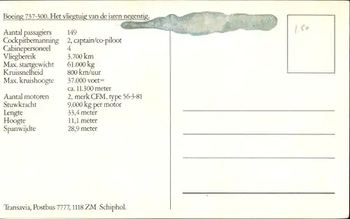 Ak Niederländisches Passagierflugzeug, Boeing 737 300, Transavia