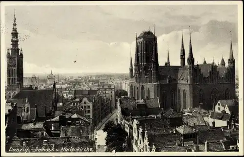 Ak Gdańsk Danzig, Rathaus, Marienkirche