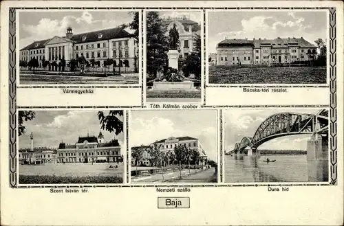Ak Baja Frankenstadt Ungarn, Denkmal, Brücke, Fluss, Straßenpartie