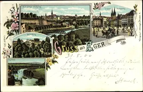 Litho Cheb Eger Reg. Karlsbad, Fluss, Marktplatz, Kaiserburg