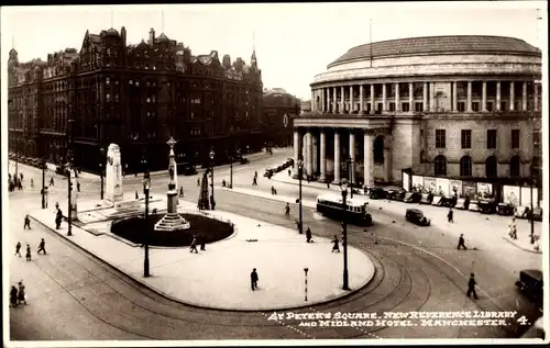 Ak Manchester England, Peters Square, Bibliothek, Midland Hotel