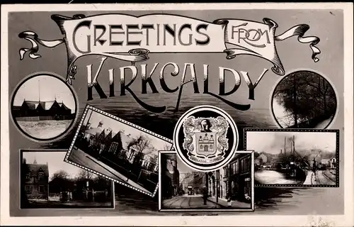 Ak Kirkcaldy Schottland, Detailansichten, Straßenpartie, Wappen
