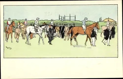 Künstler Ak Pferderennbahn, Jockeys, Rennpferde