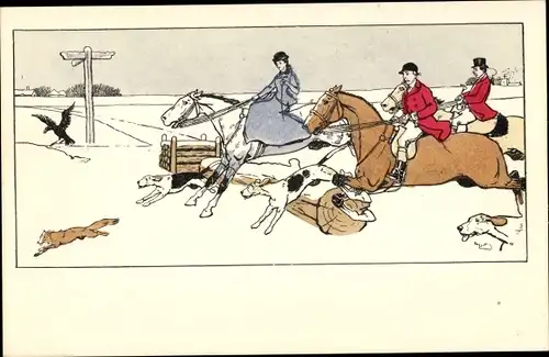 Künstler Ak Jagdszene, Gejagter Fuchs, Jäger, Jagdhunde