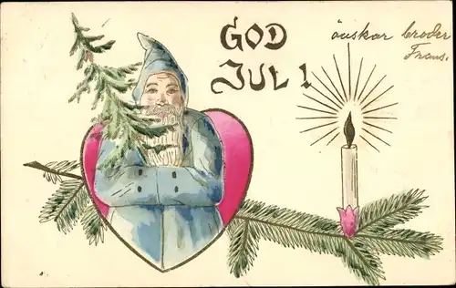Präge Litho Glückwunsch Weihnachten, Weihnachtsmann, Kerze, Tannenzweige