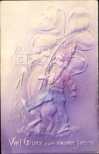 Präge Ak Glückwunsch Neujahr, Zwerg, Schwein, Glücksklee