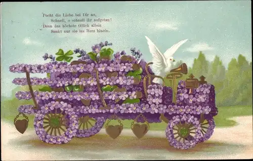 Präge Ak Automobil, Veilchen, Herzen, Taube, Glücksklee