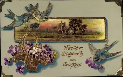 Ak Glückwunsch Geburtstag, Blumenkorb, Blumen, Schwalben