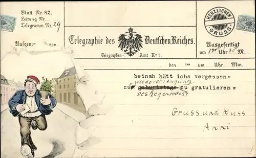 Ak Telegraphie des Deutschen Reiches, Briefträger, Brief, Blumen, Wappen, Adler