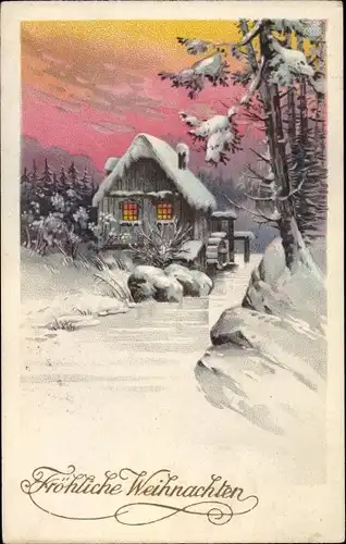 Ak Frohe Weihnachten, Winterlandschaft, Wassermühle, Dämmerung