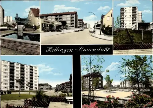 Ak Rauendahl Hattingen an der Ruhr, Straße, Hochhäuser, Wohnsiedlung, Brunnen