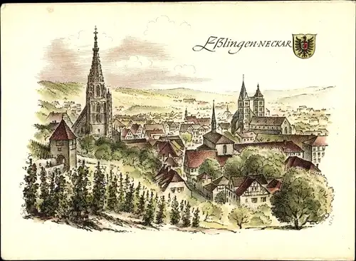 Wappen Künstler Ak Schäfer Grohe, Esslingen am Neckar, Stadt von der Rebenhalde gesehen