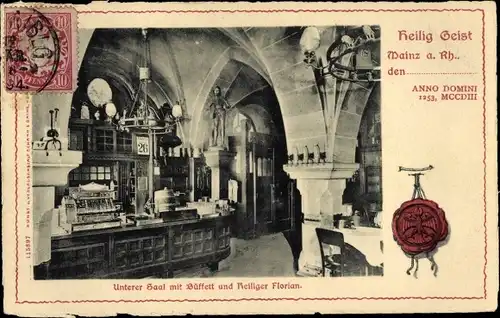 Ak Mainz in Rheinland Pfalz, Gasthaus Heilig Geist, Unterer Saal mit Büffet und Heiliger Florian
