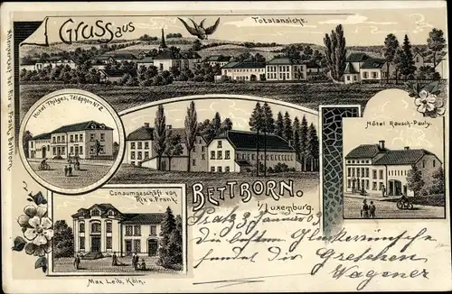 Litho Bettborn Luxemburg, Totalansicht, Hotel Rausch-Pauly, Hotel Thilges, Geschäft