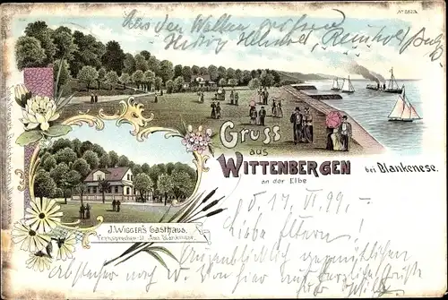 Litho Hamburg Altona Rissen Wittenbergen, Gasthaus von J. Wiggers, Elbufer