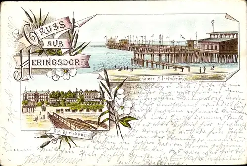 Litho Seebad Heringsdorf auf Usedom, Kaiser Wilhelmbrücke, Kurhäuser