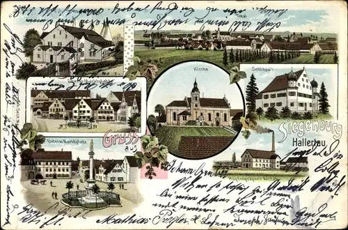 Litho Siegenburg in Niederbayern, Kirche, Schloss, Marktplatz, Totalansicht