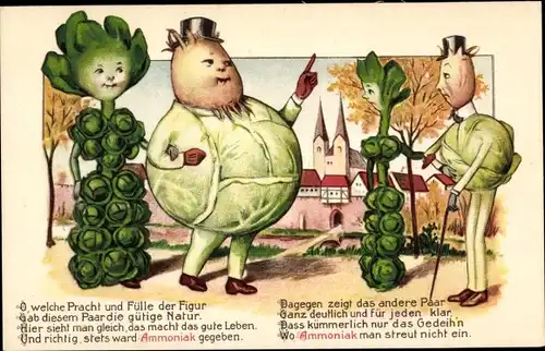 Künstler Ak Vermenschlichtes Gemüse, Rosenkohl, Salat, Reklame, Ammoniak
