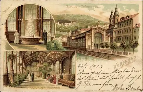 Litho Karlovy Vary Karlsbad Stadt, Sprudel, Sprudel-Colonnade