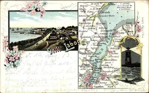 Landkarten Litho Laboe in Schleswig Holstein, Kieler Förde, Friedrichsort, Leuchtturm