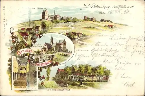 Litho Petersberg Saalekreis, Kirche, Innenansicht, Wehdes Gasthof