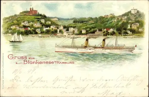 Litho Hamburg Altona Blankenese, Süllberg, Salondampfer auf der Elbe, Villenviertel, Segelboot