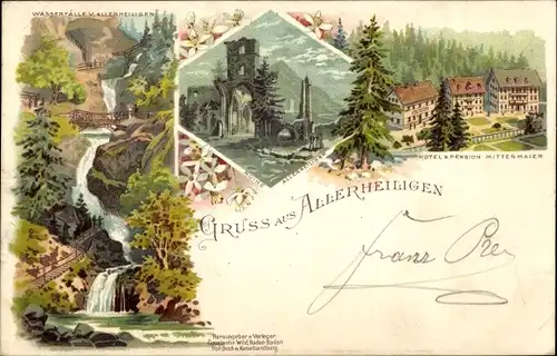 Litho Oppenau im Ortenaukreis, Klosterruine Allerheiligen, Hotel Mittenmaier, Wasserfälle