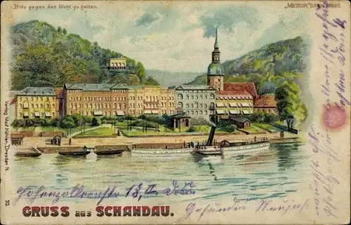Halt gegen das Licht Litho Bad Schandau an der Elbe, Flusspartie Blick auf die Stadt, Meteor 23