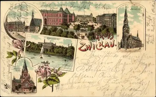 Litho Zwickau in Sachsen, Albertplatz, Moritzkirche, Marienkirche, Hauptmarkt, Schwanenteich