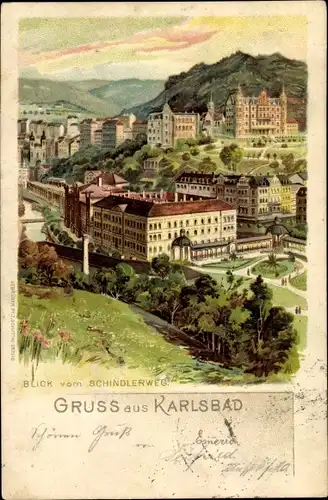 Litho Karlovy Vary Karlsbad Stadt, Blick vom Schindlerweg