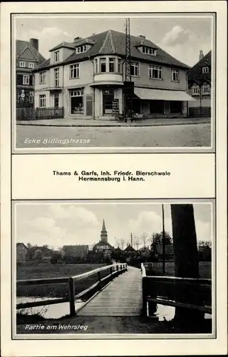 Ak Hermannsburg Lüneburger Heide, Thams u. Garfs, Ecke Billingstraße, Wehrsteg