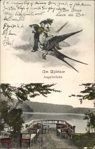 Ak Eutin in Ostholstein, Ukleisee, Ehepaar fliegt auf Schwalbe, Angelbrücke