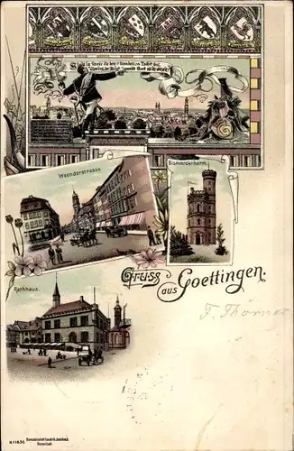 Litho Göttingen in Niedersachsen, Bismarckturm, Rathaus, Weenderstraße