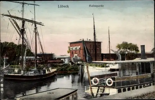 Ak Hansestadt Lübeck, Hafen, Dampfer, Segelschiff