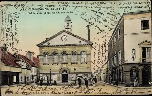 Ak Ay Marne, Rathaus, Rue du Chemin de fer