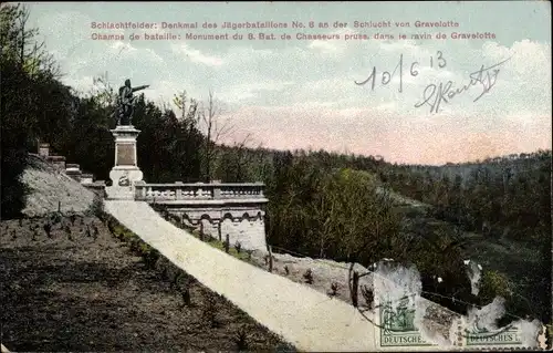 Ak Gravelotte Lothringen Moselle, Denkmal des Jägerbataillons No.8,  Schlucht von Gravelotte