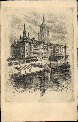 Künstler Ak Frankfurt am Main, Saalhof, Eisenbahn, Kirche, Schiffe