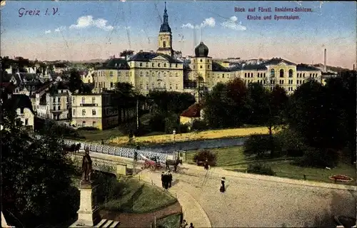 Ak Greiz in Thüringen, Blick auf das Fürstliche Residenzschloss, Kirche, Gymnasium