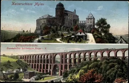 Ak Mylau Reichenbach Vogtland, Kaiserschloss, Göltzschtalbrücke