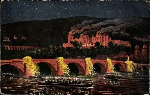 Künstler Ak Heidelberg, Schlossbeleuchtung, Nacht, Brücke