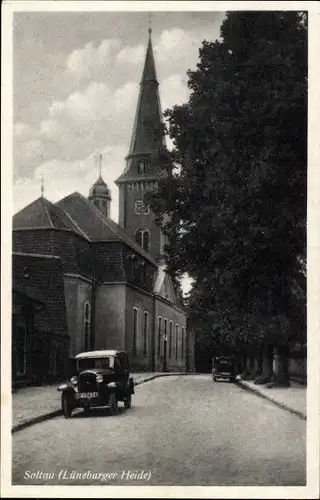 Ak Soltau Lüneburger Heide Niedersachsen, Straßenpartie, Kirche, Auto