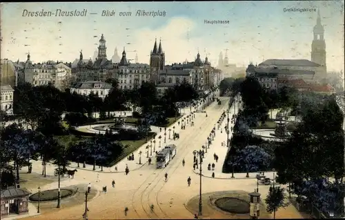 Ak Dresden Neustadt, Albertplatz, Hauptstraße, Dreikönigskirche, Tram