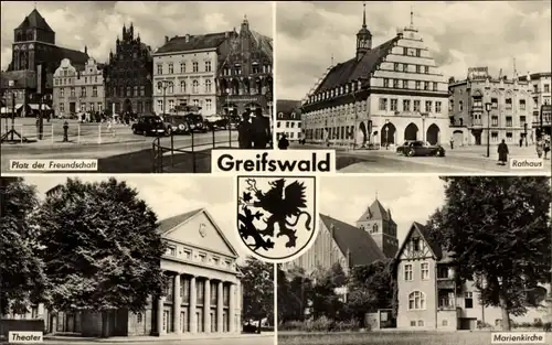 Ak Hansestadt Greifswald, Platz der Freundschaft, Rathaus, Theater, Marienkirche, Wappen