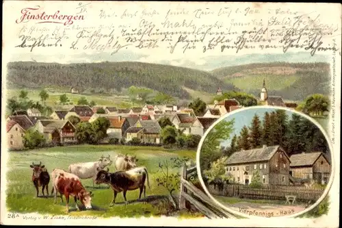 Litho Finsterbergen Friedrichroda Thüringen, Vierpfennigs Haus, Kuhweide, Panorama