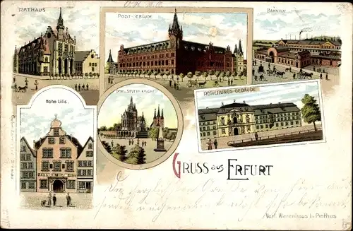 Litho Erfurt in Thüringen, Rathaus, Post, Hohe Lilie, Regierungsgebäude, Bahnhof, Dom, Kirche