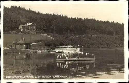 Foto Ak Lauenhain Mittweida, Wirtschaft Zschopautalsperre, Kanu, Anleger mit Boot