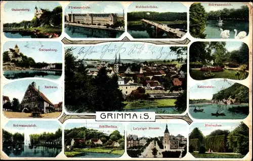 Ak Grimma in Sachsen, Gattersburg, Fürstenschule, Rathaus, Muldenbrücke, Rabenstein