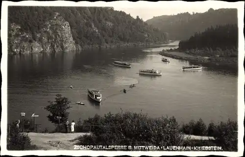Ak Lauenhain Mittweida Sachsen, Zschopautalsperre, Kriebstein, Ausflugsboote, Waldhaus v. H. Kitzing